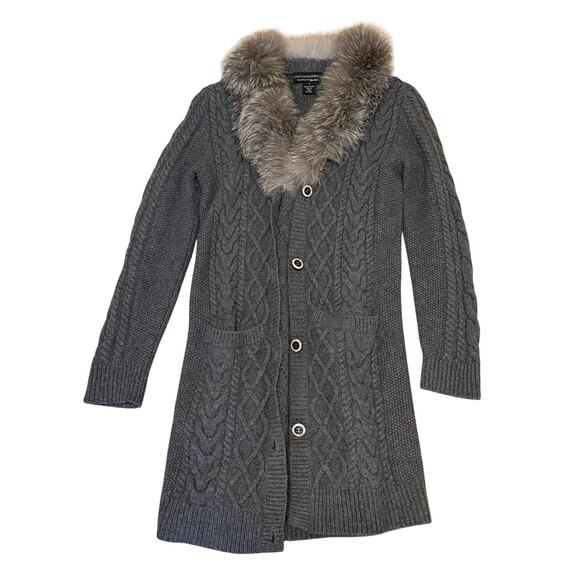 Sofia Cashmere for Neiman Marcus Sweater Cardigan Sz S Fox Fur Cable Knit Button